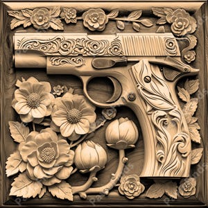 Könnte beinhalten: Eine Holzschnitzerei einer Pistole mit aufwendigen floralen Designs. Die Pistole ist von geschnitzten Blumen und Blättern umgeben.