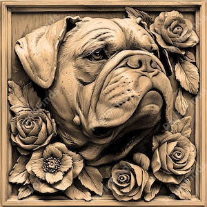 Puede incluir: Una talla de madera detallada de la cabeza de un bulldog rodeada de rosas. La talla es de color marrón claro y tiene una textura realista.