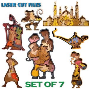 Set of 7 templates, Magic Carpet Ride, Genie, Monkey, Magic lamp, Bad Boy, Arabian Princess SVG, Laser Cut Files - MULTILAYER