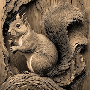 May include: A gray squirrel with a bushy tail sits in a tree trunk. The squirrel is looking to the left and has its paws tucked under its chest.