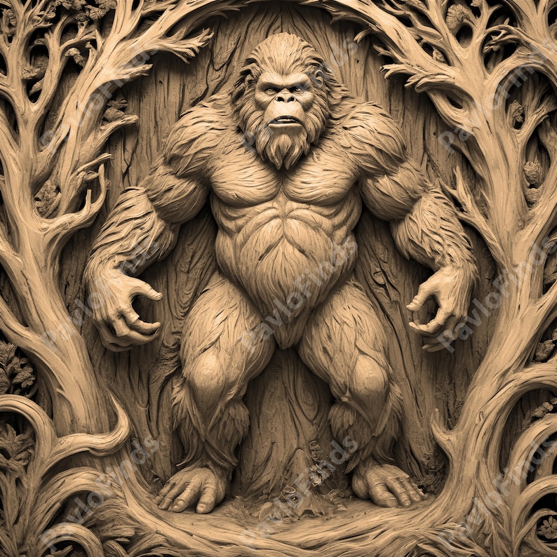 May include: A detailed wood carving of a Bigfoot-like creature, with a muscular build and fur-like texture. The figure is framed by carved tree branches, creating a naturalistic and rustic aesthetic. The carving is in shades of brown.