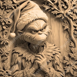 May include: A wooden carving of the Grinch wearing a Santa hat. The carving is detailed and realistic, with the Grinch's facial expression and fur coat clearly visible.