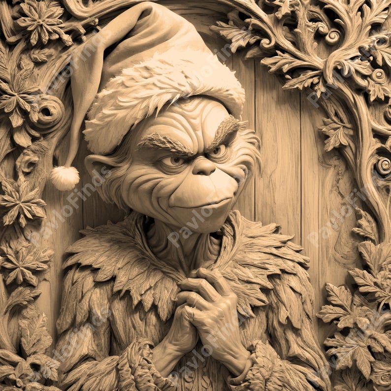 May include: A wooden carving of the Grinch wearing a Santa hat. The carving is detailed and realistic, with the Grinch's facial expression and fur coat clearly visible.