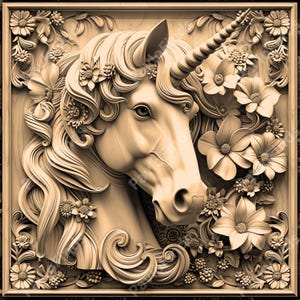 May include: A detailed wood carving of a unicorn's head with a horn and floral accents. The carving is in a light brown color and has a realistic style.