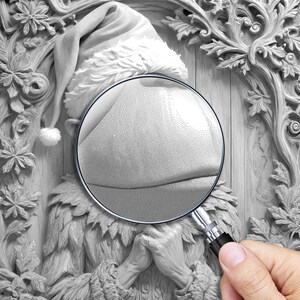May include: A close-up of a carved wooden sculpture of a person wearing a Santa hat. The sculpture is detailed and intricate, with a magnifying glass highlighting the texture of the carving.