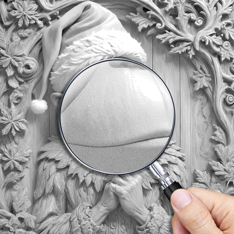 May include: A close-up of a carved wooden sculpture of a person wearing a Santa hat. The sculpture is detailed and intricate, with a magnifying glass highlighting the texture of the carving.