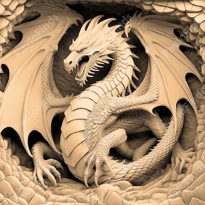 May include: A detailed, beige-coloured sculpture of a dragon with wings spread wide. The dragon is carved in a cave-like setting, with its head turned to the side and its mouth open in a roar.