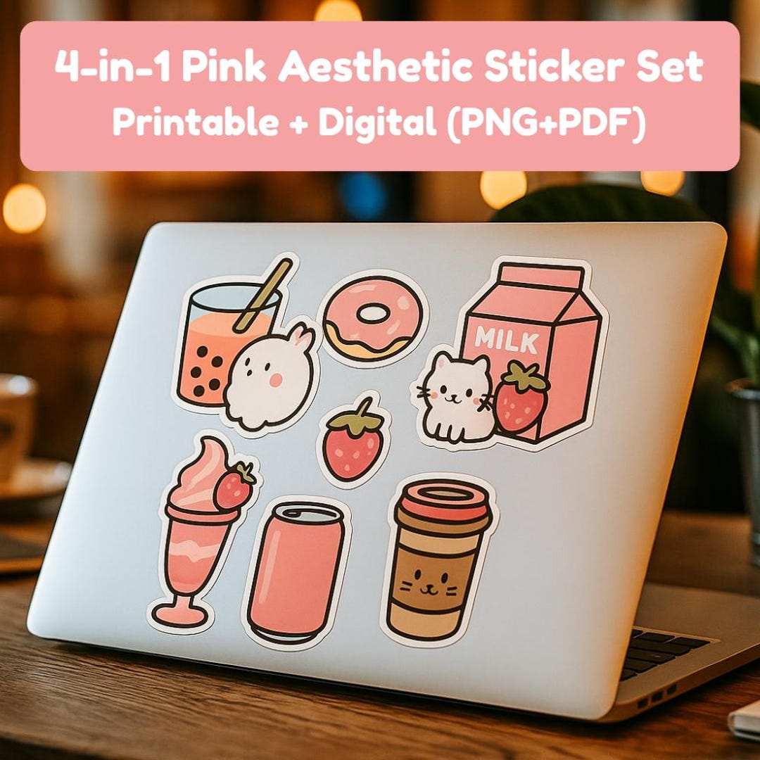 Pink Sticker Bundle Set Dessert, Coffee, Take Care, Make up (PNG, PDF ...