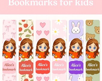 May include: A set of children's bookmarks with a cartoon girl in an orange dress. The bookmarks feature various designs: bows, cherries, hearts, daisies, rabbits, and teddy bears. Each bookmark is labelled "Alice's bookmark".