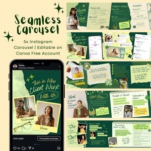May include: An Instagram carousel template with a seamless design, featuring green and white elements. The design includes text and images promoting client work and Instagram highlights. The words "Seamless Carousel" are displayed at the top of the image.