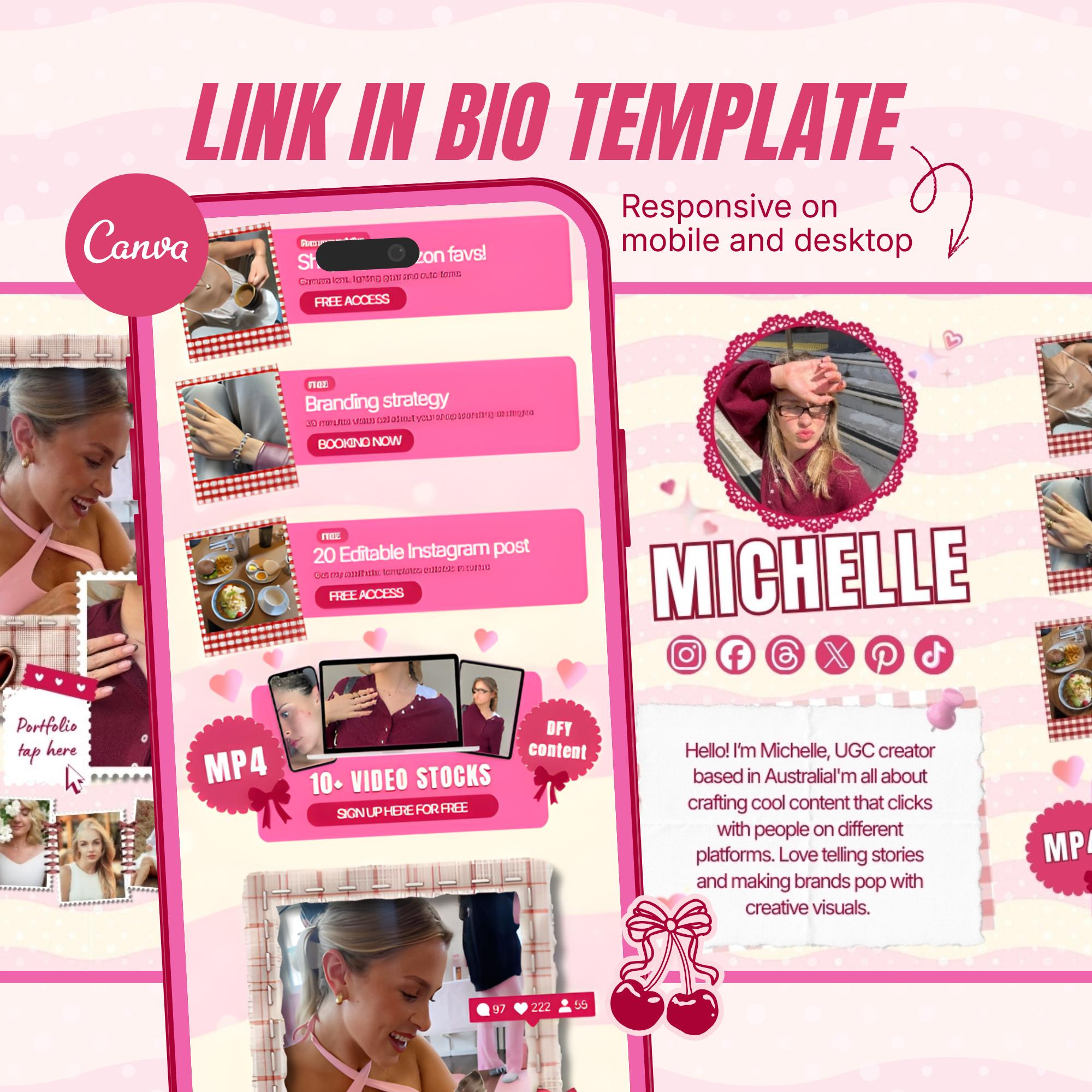 Link in Bio Template, Pink UGC Landing Page Editable Canva (digital ...