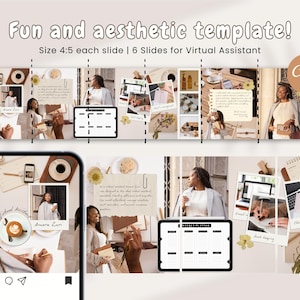 May include: Aesthetic template for virtual assistants, featuring a collage of images with a woman, coffee, and office supplies. The text reads "Fun and aesthetic template!" and "Size 4:5 each slide | 6 Slides for Virtual Assistant". The Canva logo is visible.