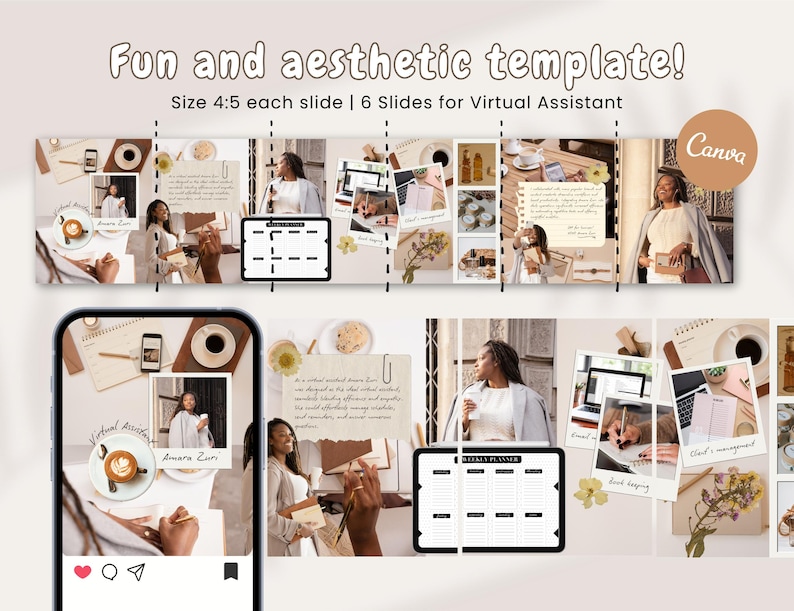 May include: Aesthetic template for virtual assistants, featuring a collage of images with a woman, coffee, and office supplies. The text reads "Fun and aesthetic template!" and "Size 4:5 each slide | 6 Slides for Virtual Assistant". The Canva logo is visible.