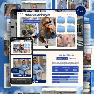 Puede incluir: Presentación de marketing digital en tableta y smartphone, con un diseño web llamado "Natasha Cunningham". El diseño incluye secciones de "Acerca de mí", "Testimonios" y análisis de redes sociales, con un logotipo de Canva.