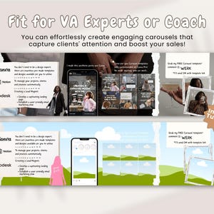May include: A promotional graphic with the text "Fit for VA Experts or Coach." It features images of a phone, Canva, Notion, and Flodesk logos, and carousel designs. The graphic promotes creating engaging carousels to boost sales.