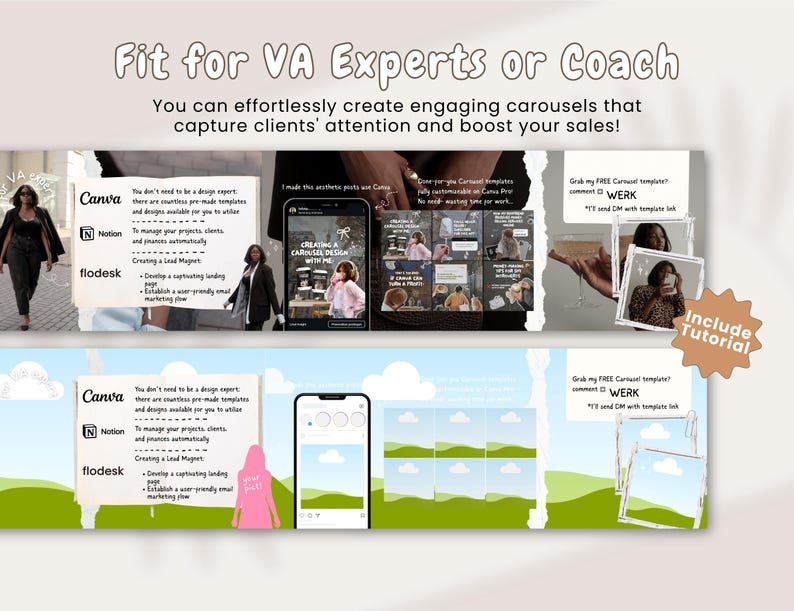 May include: A promotional graphic with the text "Fit for VA Experts or Coach." It features images of a phone, Canva, Notion, and Flodesk logos, and carousel designs. The graphic promotes creating engaging carousels to boost sales.