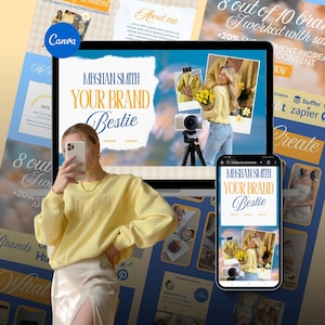 May include: A woman in a yellow sweatshirt and a cream-colored skirt is holding a phone in front of her face. A laptop and a smartphone display a website with the text "MEGHAN SMITH YOUR BRAND Bestie". The background includes Canva graphics.