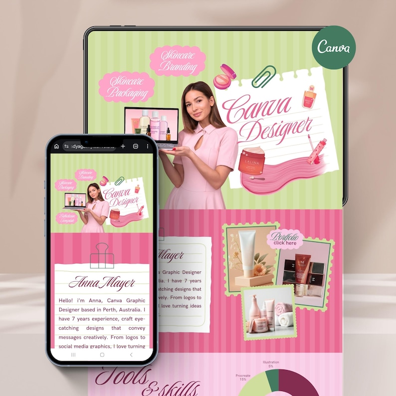 Pastel green and pink Canva portfolio website template preview for graphic designers and freelancers, displayed on laptop and mobile screens with scrapbook style layout and design portfolio section.