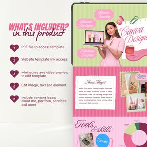 Smartphone preview of a pastel Canva portfolio website template with sections for services, contact information, and call-to-action, designed as a mobile responsive link in bio website.