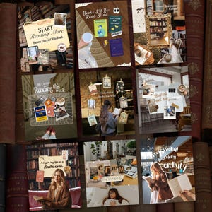 Könnte beinhalten: Eine Collage von Bildern zum Thema Lesen und Bücher. Die Bilder zeigen Bücher, lesende Personen und Textüberlagerungen wie "Start Reading More" und "Professional Bookworm on Duty."