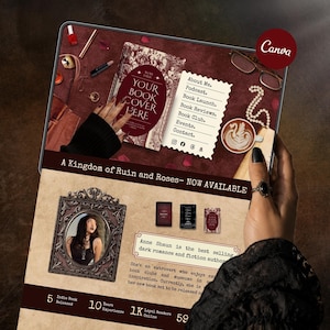 Puede incluir: Un folleto de marketing digital para el libro A Kingdom of Ruin and Roses de Anne Shaun. El diseño presenta un fondo rojo oscuro con una maqueta de portada de libro, una lista de enlaces, una taza de café, gafas y un retrato enmarcado.