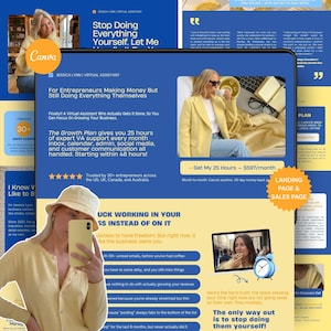 May include: A digital marketing graphic with the text "Stop Doing Everything Yourself. Let Me." The graphic promotes a virtual assistant service for entrepreneurs. It includes a photo of a woman and a phone, and a laptop with a clock.