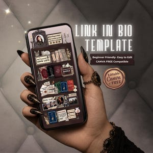 Pode incluir: Um smartphone exibindo um modelo digital de link na bio com uma estética gótica escura. A tela apresenta gráficos com tema de livros, prateleiras, ilustrações de gatos e caixas de texto com os dizeres My Favorite Book Lists.