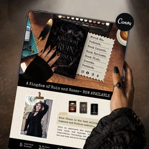 Pode incluir: Uma tela de tablet digital exibindo um gráfico promocional para o livro Kingdom of Ruin and Roses. O layout inclui uma imagem da capa, uma lista de links de navegação, uma foto de uma autora e o texto A Kingdom of Ruin and Roses- NOW AVAILABLE.