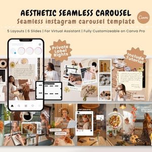 Könnte beinhalten: Ästhetische, nahtlose Instagram-Karussell-Vorlage. Der Text "Aesthetic Seamless Carousel" und "Seamless Instagram Carousel Template" ist zu sehen. Enthält 5 Layouts, 6 Folien und ist vollständig anpassbar auf Canva Pro. Enthält den Text "Private Label Rights" und "Include Tutorial".