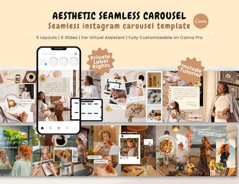 May include: An aesthetic seamless Instagram carousel template with the text "Aesthetic Seamless Carousel" and "Seamless Instagram Carousel Template". The template includes 5 layouts and 6 slides, fully customizable on Canva Pro. Includes the text "Private Label Rights" and "Include Tutorial".