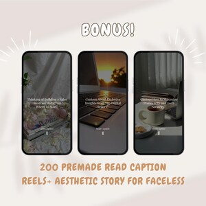 May include: Three smartphone screens displaying digital marketing content. The screens show text like "Thinking of Building a Sales Funnel on Instagram?" and "Curious About Exclusive Insights from Top Digital Sellers?" The image also includes the text "200 PREMADE READ CAPTION REELS + AESTHETIC STORY FOR FACELESS."