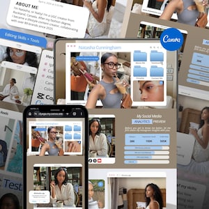 Peut inclure: Un portfolio numérique affiché sur une tablette et un smartphone présentant Natasha Cunningham. L'interface comprend des analyses de réseaux sociaux, une biographie et des galeries photos avec des icônes de dossiers bleu clair nommées About Me, Testimonial, Pricelist et Contact Me.