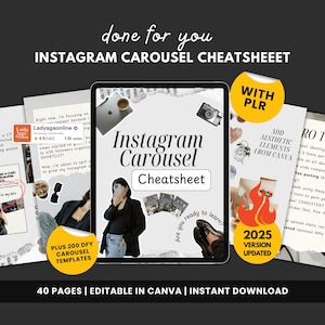 Può includere: Cheatsheet digitale per carosello Instagram con il testo "Instagram Carousel Cheatsheet" su un tablet. L'immagine include il testo "done for you" e "40 PAGES | EDITABLE IN CANVA | INSTANT DOWNLOAD". Il testo aggiuntivo include "PLUS 200 DFY CAROUSEL TEMPLATES".