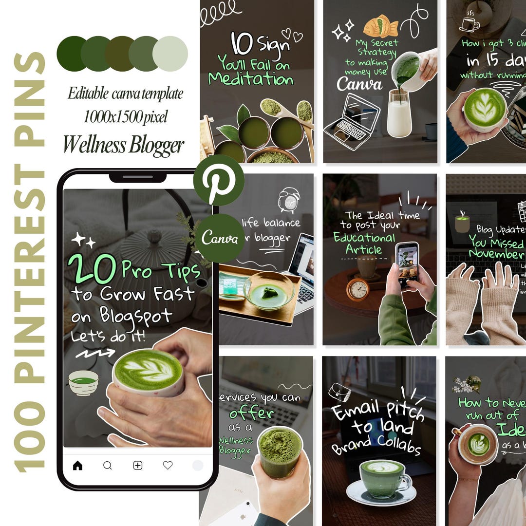 Canva Pinterest Templates | 100 Cozy Matcha Vibes Blogger Kit - Etsy