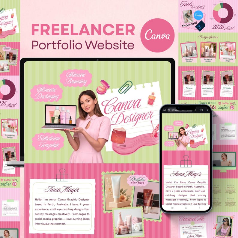 Freelancer portfolio website Canva template preview showing a mobile-first one-page portfolio layout designed for graphic designers, Canva designers, and service sellers.