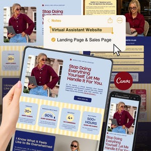 May include: A digital marketing image showing a woman in a burgundy jacket and sunglasses, holding a tablet. The tablet displays a website landing page with the text "Stop Doing Everything Yourself. Let Me Handle It For You."