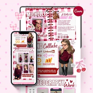Puede incluir: Diseño de portafolio digital rosa y blanco con foto, texto y gráficos. El portafolio incluye secciones para colaboraciones de marca y trabajo de videografía, con logotipos e iconos de redes sociales. El texto incluye "MICHELLE", "BRAND Collabs" y "VIDEOGRAPHY Work".