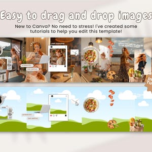 May include: A digital template with the text "Easy to drag and drop images." The template includes a collage of lifestyle images, a coffee cup, a laptop, and a social media post. The text "Include Tutorial" is also visible.