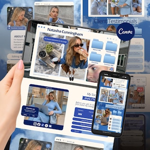 Op de afbeelding: Een digitaal portfolio-sjabloon weergegeven op een tablet- en smartphonescherm, met de naam Natasha Cunningham, diverse fotocollages, social media-analyses en navigatiemappen met de labels About Me, Testimonials, Pricelist en Contact Me.