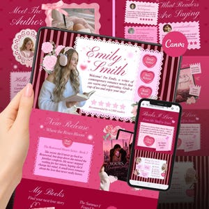 Op de afbeelding: Een roze en witte digitale graphic die auteur Emily Smith en haar romantische romans promoot. Het ontwerp bevat een tablet en smartphone met boekomslagen en website-inhoud, met bloemen- en hartaccenten.