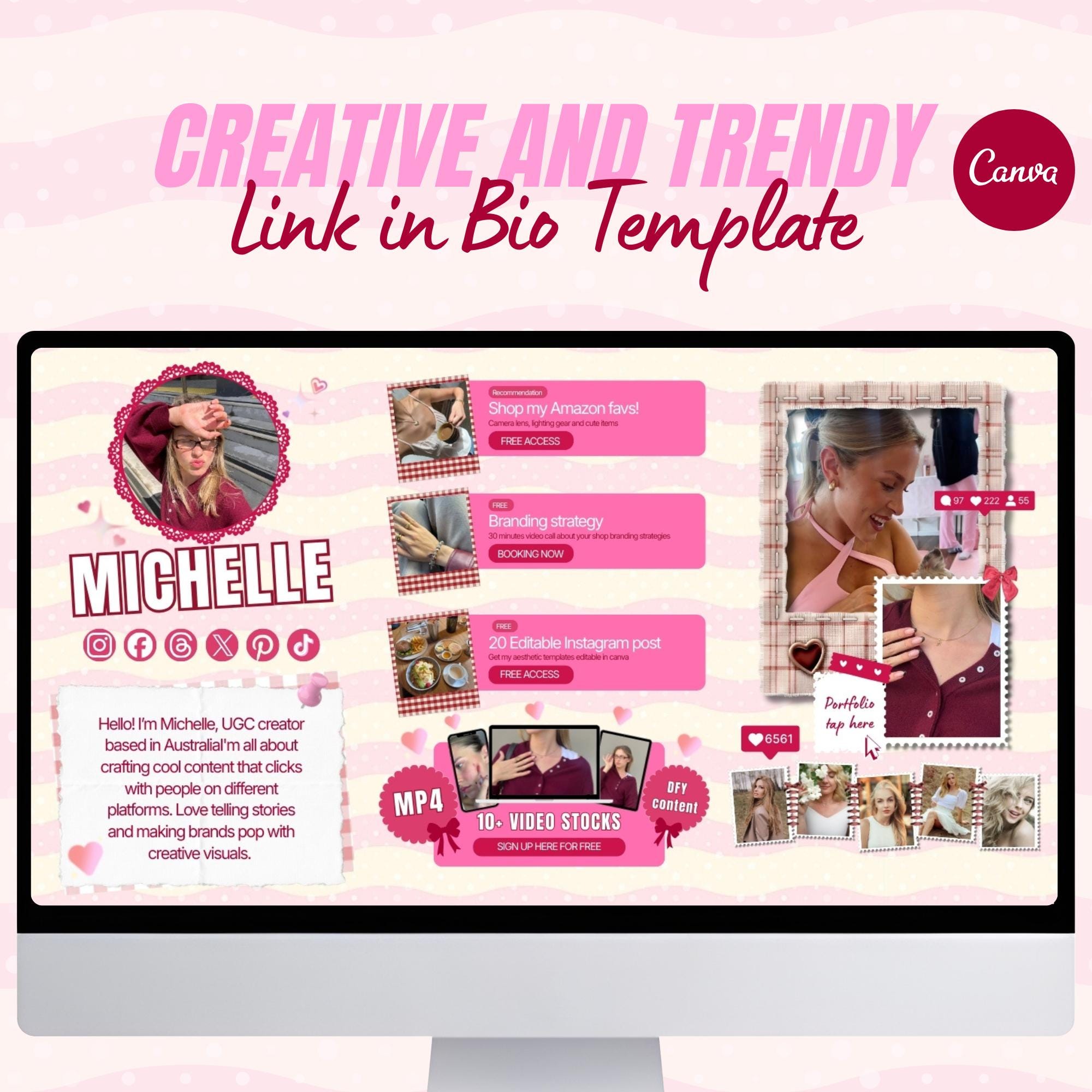 Link in Bio Template, Pink UGC Landing Page Editable Canva (digital ...