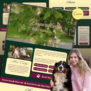 Op de afbeelding: Een digitaal website-ontwerp voor een huisdierverzorgingsdienst genaamd Dogwalkie, met een hoofdafbeelding van een persoon die een hond uitlaat in een park, navigatieknoppen, dienstenbeschrijvingen, een Meet Cathy-sectie en een foto.