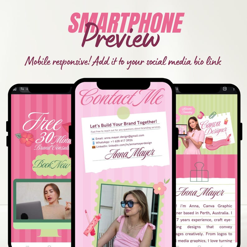 Freelancer portfolio website Canva template preview showing a mobile-first one-page portfolio layout designed for graphic designers, Canva designers, and service sellers.