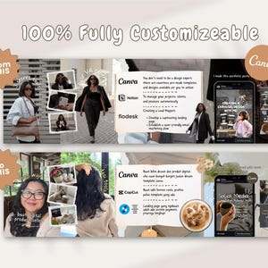 May include: A digital marketing graphic with the text "100% Fully Customizeable" and "Canva." The graphic shows before and after examples of social media posts and design templates, with the text "From THIS" and "to THIS."