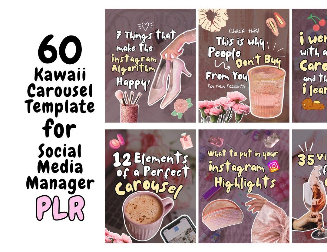 60 Kawaii Instagram Carousel Templates | Pink Canva Editable - Etsy