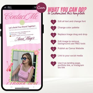 Pastel green and pink Canva portfolio website template preview for graphic designers and freelancers, displayed on laptop and mobile screens with scrapbook style layout and design portfolio section.