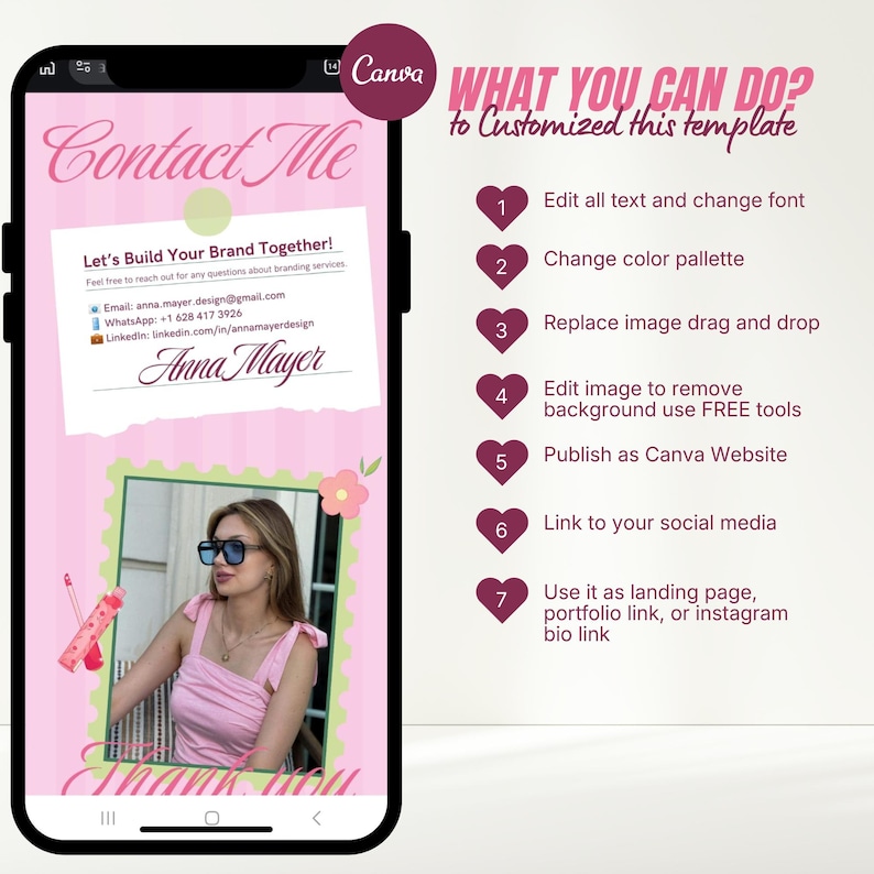 Pastel green and pink Canva portfolio website template preview for graphic designers and freelancers, displayed on laptop and mobile screens with scrapbook style layout and design portfolio section.
