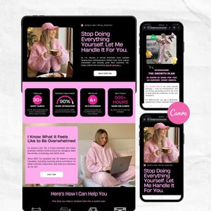 May include: A digital marketing presentation on a tablet and two smartphones. The presentation features a woman in pink clothing and a pink hat, with text that reads "Stop Doing Everything Yourself. Let Me Handle It For You."