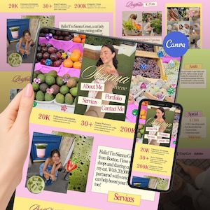 Puede incluir: Una plantilla de portafolio de marketing digital con una persona llamada Sienna Greene, con secciones para About Me, Services, Portfolio y Contact Me. El diseño incluye estadísticas de redes sociales, imágenes de frutas y un logo de Canva en rosa.