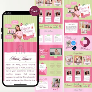 Pastel green and pink Canva portfolio website template preview for graphic designers and freelancers, displayed on laptop and mobile screens with scrapbook style layout and design portfolio section.